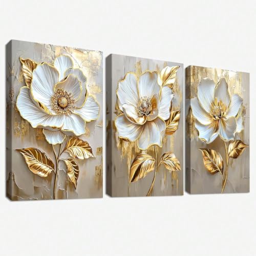 Toile murale 40x60 cm décoration triptyque floral blanc et or salon chambre