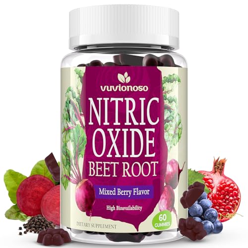 Image of Vuvionoso Nitric Oxide Beet Root Gummies 6000mg - Nitric Oxide Booster with Organic Beet Root, Grapeseed, Pomegranate, Vitamin C & B12 - Sugar-Free Beet Chewables Mixed Berry Flavor - 60 Gummies