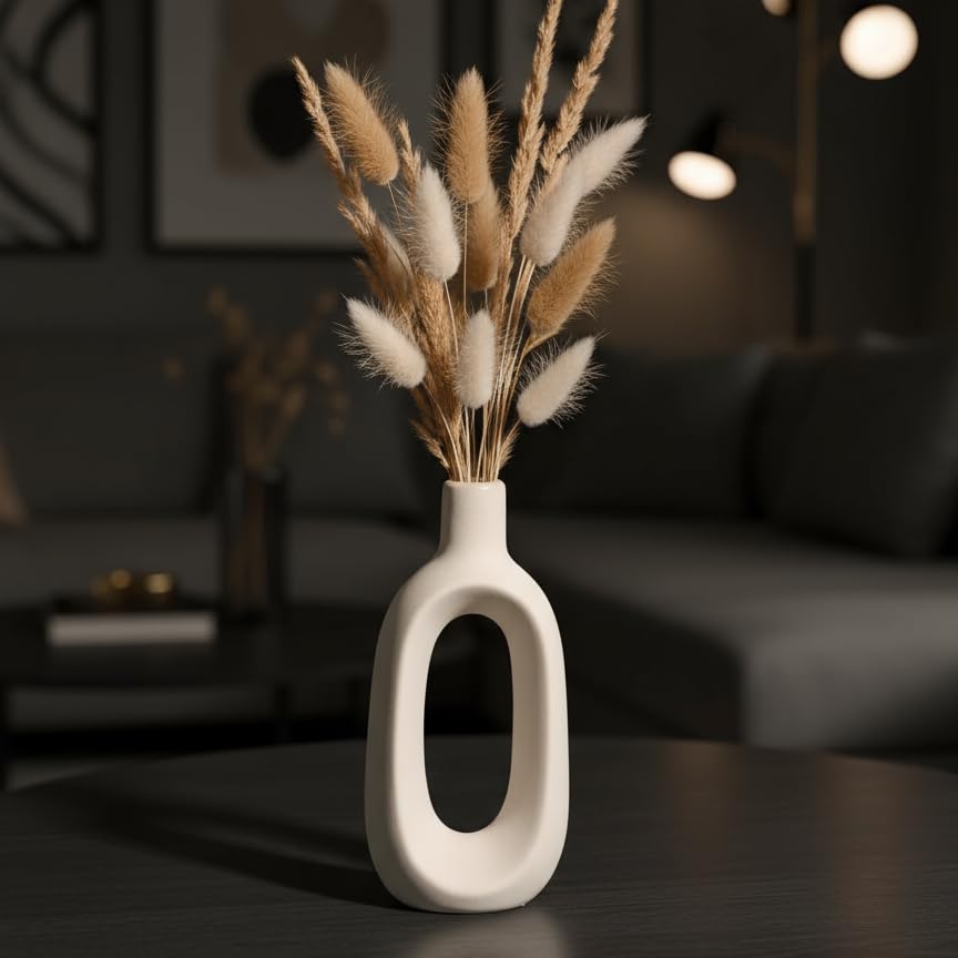 Image of PUREZENTO 'Kieko Vase' White Ceramic Vase 6 Inch (Pack of 1) | White Decorative Vase for Dried Flowers & Pampas Grass | Vases for Centerpiece Modern Home Decor, Living Room, Office Decor & Gifting