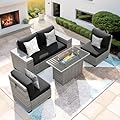 VONZOY 5 Piece Patio Furniture Set with Fire Pit Table, Outdoor Sectional Conversation Sets Grey Wicker Rattan Sectional Sofa for Patio Garden Backyard, 4'' Thickened Cushion Black