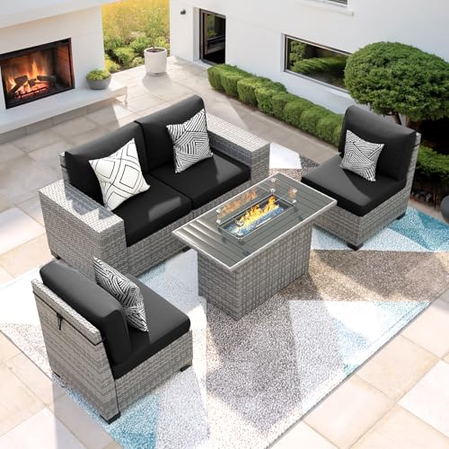 VONZOY 5 Piece Patio Furniture Set with Fire Pit Table,