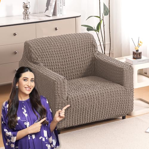 Image of HOKIPO 'Aria Nova' Elastic Stretchable 280 GSM Bubble Sofa Cover for 1 Seater, Mocha Brown (AR-6208-BR)