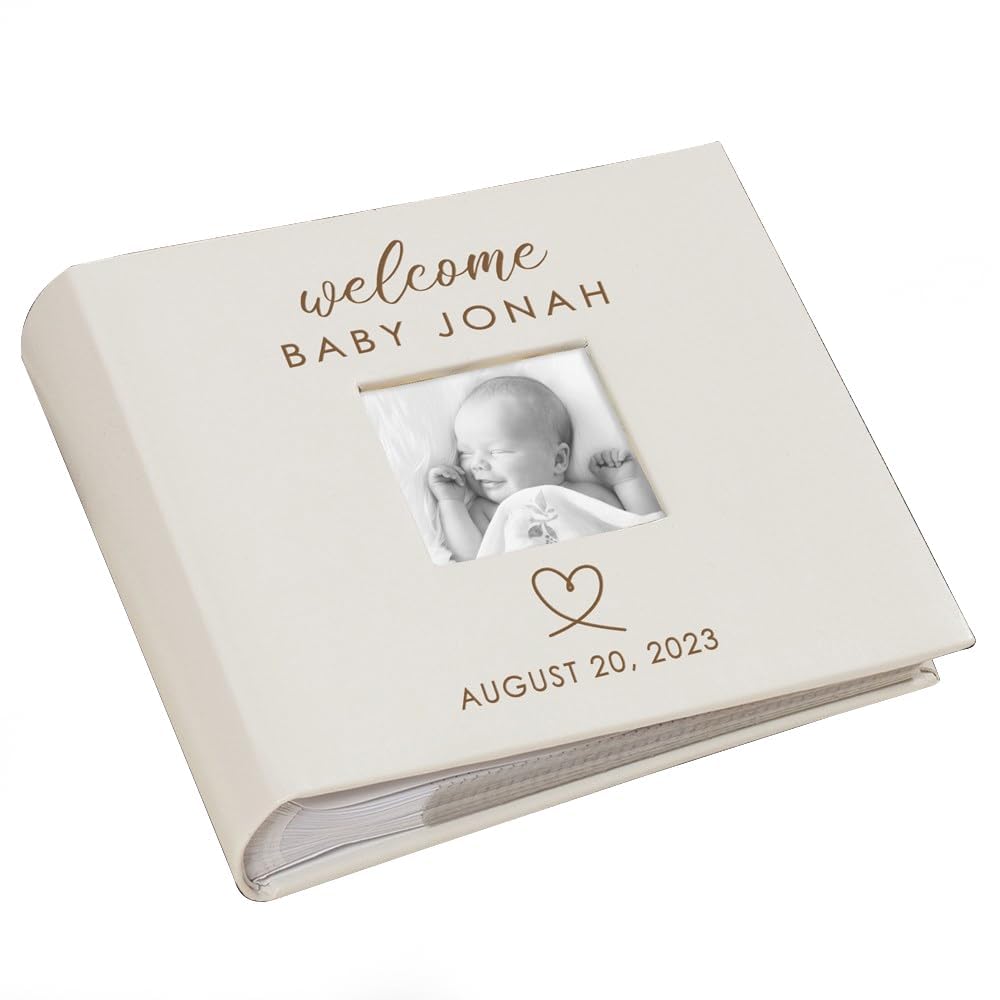 Small Personalized Welcome Baby Photo Album Cream Leatherette Holds 100 Photos Baby Shower