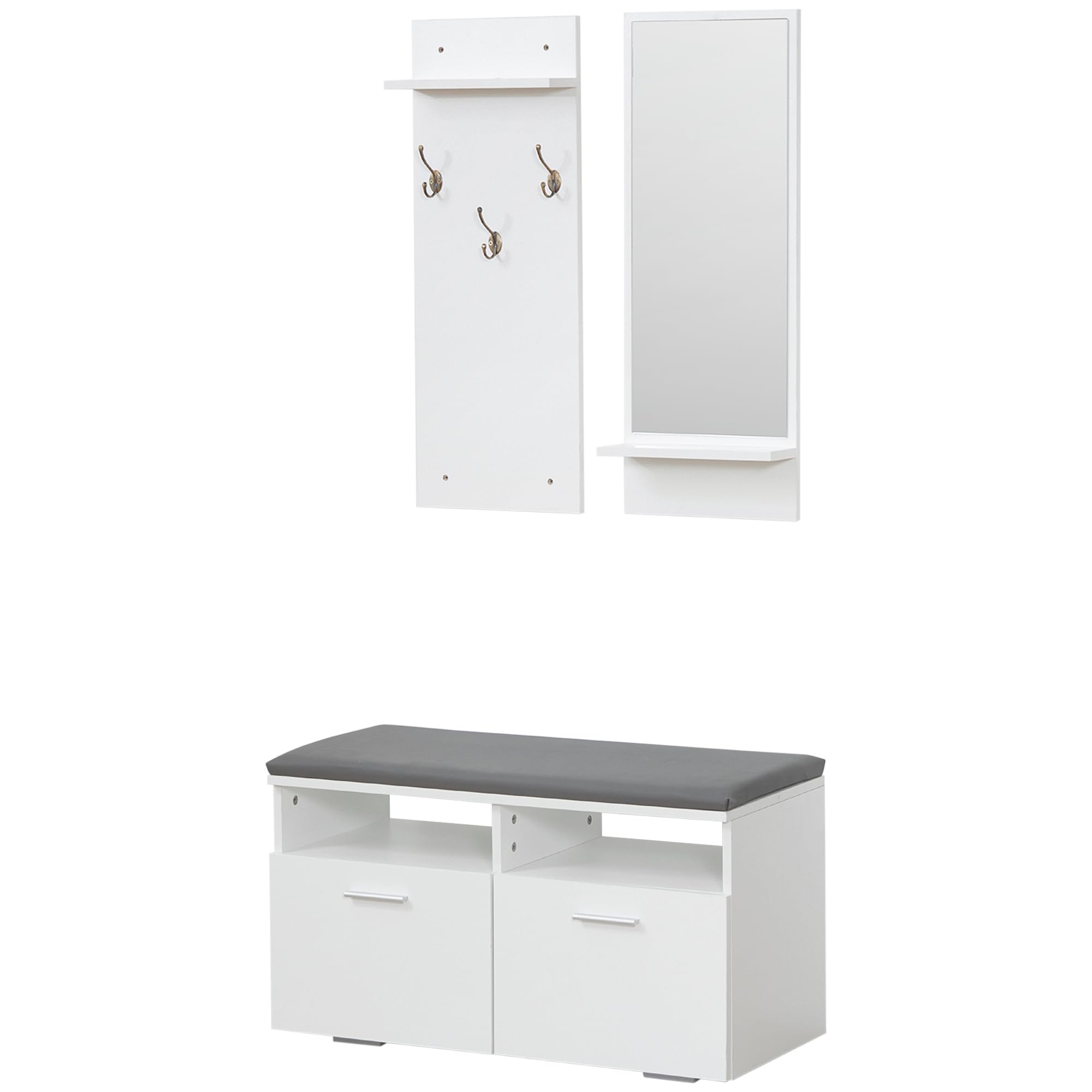 HOMCOM Conjunto de Recibidor con Espejo Perchero y Zapatero Recibidores de Entrada con 3 Ganchos 2 Puertas y Estantes para 8 Pares de Zapatos Blanco