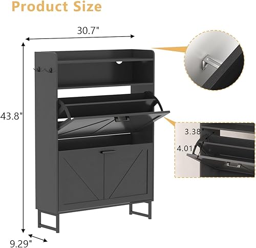 Miniatura 2 de Zapatero con 2 cajones abatibles, organizador de almacenamiento oculto independiente para entrada, zapatero estrecho y delgado con almacenamiento