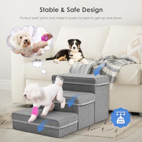 MINENICE Treppe für Hunde, 3 Stufen Faltbare Hundetreppe für Kleine Hunde mit Aufbewahrungsboxen Haustiertreppe für Sofa und Bett Hunde Treppe