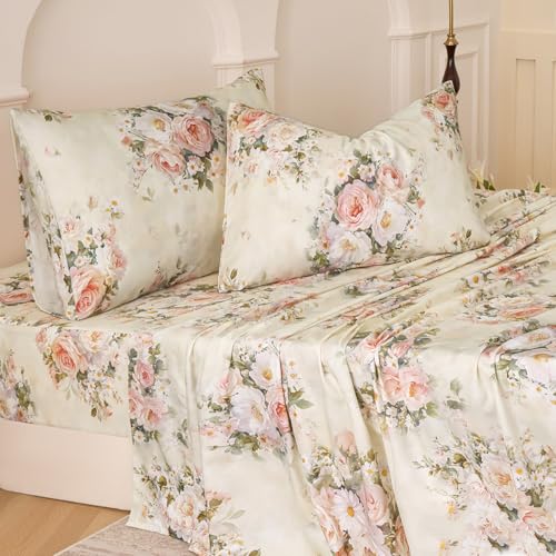Huborise Juego de sábanas sedosas con estampado floral, tamaño Queen, color crema, 100 % algodón, con estampado de rosas, tejido satinado, sábanas refrescantes para personas que duermen con calor