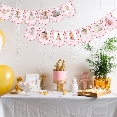Image of JarThenaAMCS 2Pcs Strawberry Photo Banners Pink Red Plaid Daisy Strawberry Banner Newborn to 12 Months Picture Display Garland for 1st Birthday Decoration
