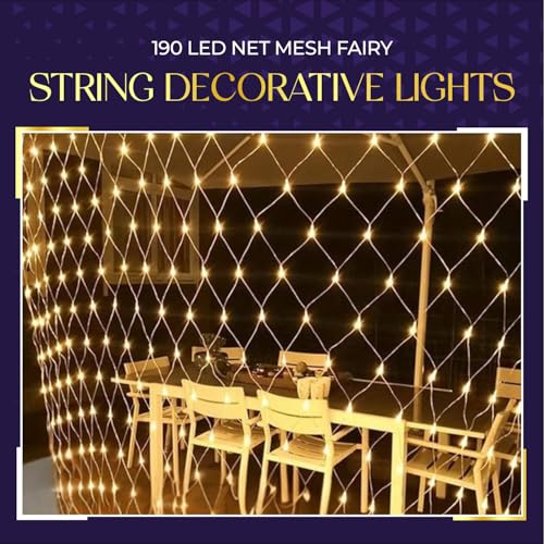 Image of Lexton 190 LED Net Mesh Fairy String Decorative Lights | for Indoor & Outdoor Decorations | Warm White | Pack of 1 | Standard