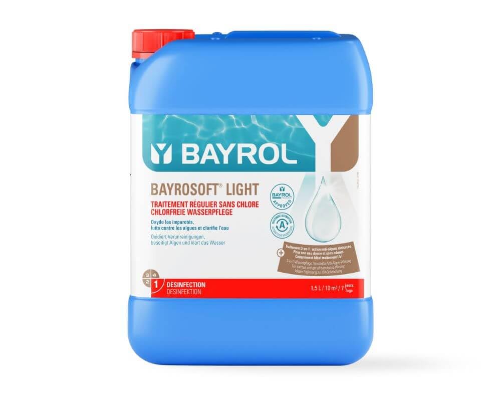 BAYROL Bayrosoft Light 20 L - Flüssiges Multifunktionsmittel auf Basis von Aktivsauerstoff für die Oxidation, Algenverhütung und Trübungsentfernung. Komplettpflege für automatische Dosiersysteme. | Auf Basis von Aktivsauerstoff, Oxidation, Algenverhütung,