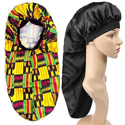 Satin-Haube, lange Zöpfe, weich, bequem, elastisches Band, seidiges Satin, Schlafmütze für langes Haar, Zöpfe, lockiges Haar, Nachtschlaf, 2 Stück (schwarz + goldenes Ägypten) Cover