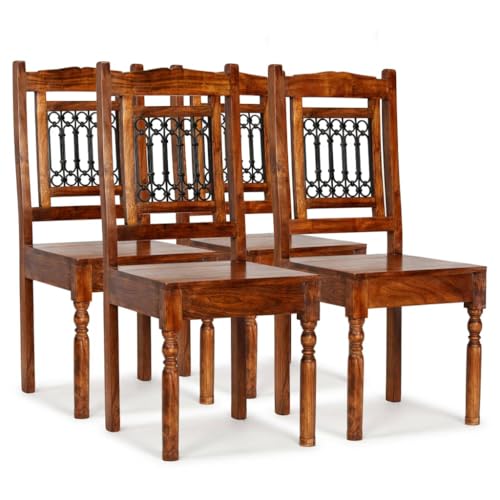 QZZCED Juego de 4 Sillas de Comedor de Madera de Acacia Maciza con Detalles Decorativos de Hierro Fundido, Diseño Clásico y Estructura Resistente para Hogar