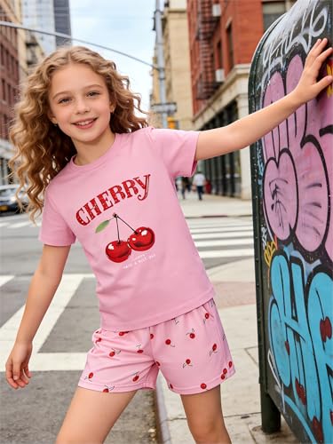 Image of KIDLAGA Girls Two Piece Sets Cherry Pattern Short Sleeve Shirts and Shorts Set With Pockets Girls Summer Outfits Size 7-14