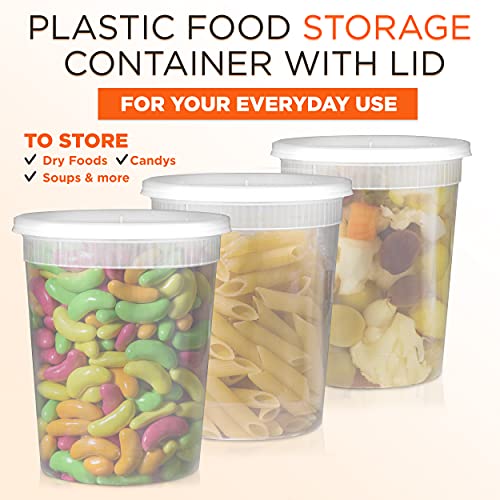 [24 Pack] Food Storage Containers With Lids, Round Plastic Deli Cups, Us Made, 32 Oz, Quart Size, Leak Proof, Airtight, Microwave & Dishwasher Safe, Stackable, Reusable, White #TOP3