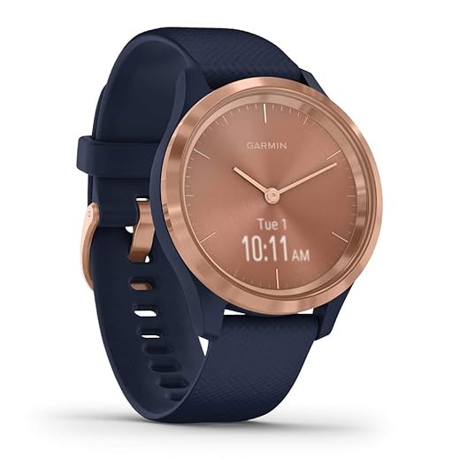 Garmin vivomove 3s, Smaller-sized Hybrid Smartwatch with Real Watch Hands and Hidden Touchscreen Display, Rose Gold with Navy Blue Case and Band