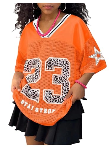 Image of Floerns Girl's Jersey Shirt Printed Oversized Short Sleeve Mesh Tee Shirts V Neck Sport Jersey Shirts