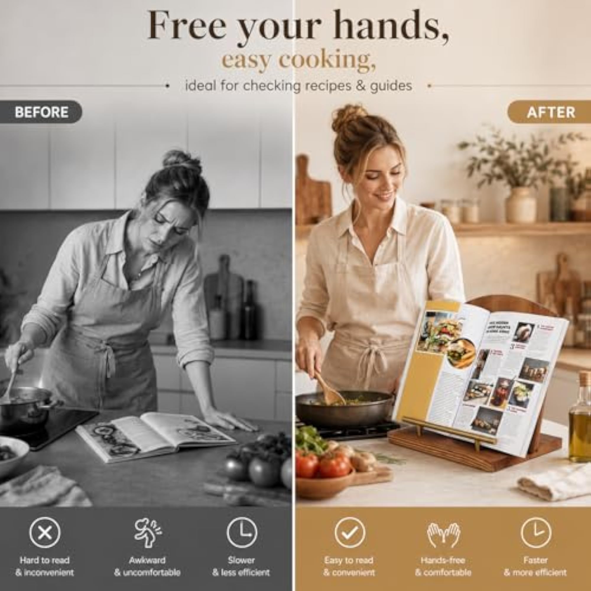 Wooden Cookbook Stand, Foldable Recipe Book Holder, Adjustable Tablet Stand