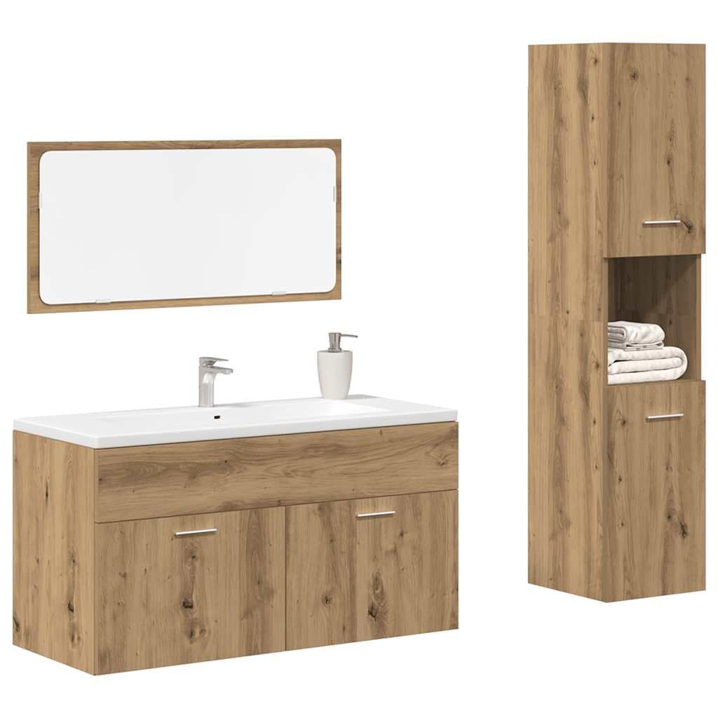 Juego de muebles de baño de 3 piezas, roble Artisan, 90 cm, armario bajo lavabo con espejo y armario alto, espacio de almacenamiento, moderno y resistente, para baños pequeños