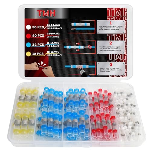 TMH 134 PCS Solder Seal Wire Connectors Kits, Solderless Heat Shrink Waterproof Terminal Insulated Electrical Splice for Automotive Marine Boat Stereo