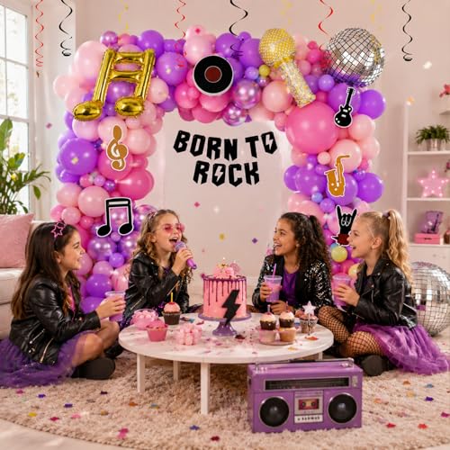 Image of Rock Theme Birthday Decoration Kit for Girls & Boys - 74 Pcs Born To Rock Banner with Music Note, Disco Ball & Microphone Foil Balloons, Pink Purple Balloon Garland Set for Birthday Decor