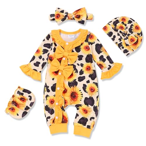 Image of Okgirl Baby Girl Clothes Baby Girl Outfit Yellow Romper Bow Ties Jumpsuit Floral Bodysuit Sunflower Baby Girl Outfit 0-3M