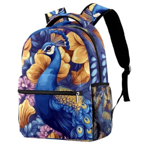 Sac à dos de voyage scolaire avec motif plume de paon et porte-gourde