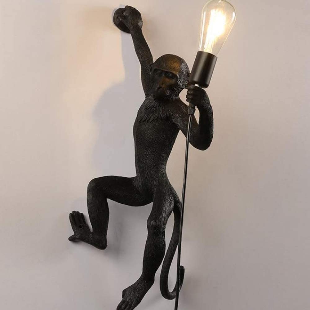 DIY Vintage Monkey Bar Pendant Lamp Chandelier Creative Hemp Rope Cartoons Animal Shape E27 Decorative Indoor Ceiling Light Kitchen Bedside Bedroom Bar Hanging Lamp (Black, Wall Lamp)