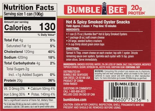 Bumble Bee Hot & Spicy Hardwood Smoked Oysters, 3.75 oz Tin (Pack of 12) - 20g Protein per Serving, Gluten Free, Keto