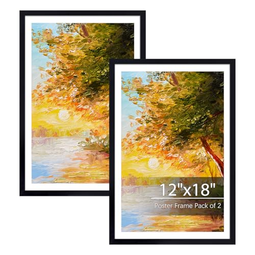 Fixwal 12x18 Picture Frame Set of 2 Black Poster Frames for Wall Display with Mat for 11x17 Pictures