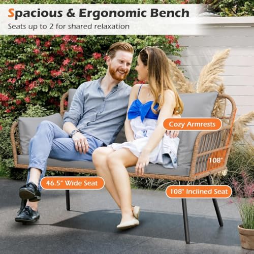 3-Piece Wicker Patio Furniture Set with Cushions, All-Weather Outdoor Rattan Conversation Set with 2 Loveseat & Tempered Glass Table for Garden, Backyard, Porch, Deck, Grey by PeakPursuit - Used condition - Image 5