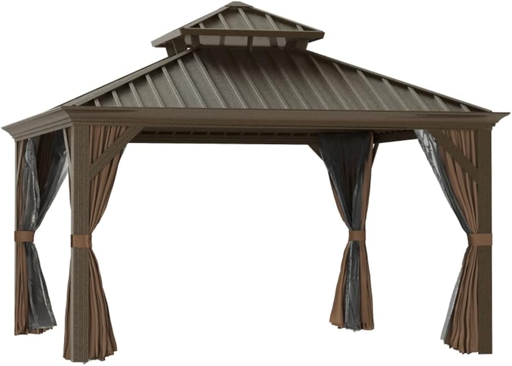 12'x12' Metal Roof Gazebo Canopy with Curtains and Netting, Outdoor Hardtop Gazebo with Aluminum Frame for Backyards