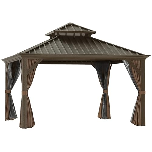 12'x12' Metal Roof Gazebo Canopy with Curtains and Netting, Outdoor