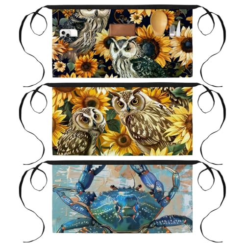 Tablier court de serveuse lot de 3 avec poches hiboux tournesols 60x30.5cm