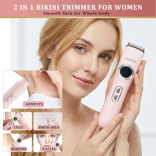 Bikini Trimmer for Women, JIUWIIL 2 in 1 Electric Razors for Women, IPX7 Waterproof Dual Head Electric Shaver,Wet & Dry Use Body Hair Trimmer, Facial Hair Remover for Bikini Underarm Leg Arm (Pink) — view 2