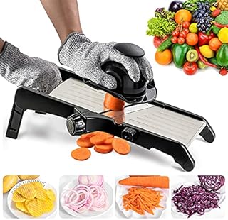 Mandoline Slicer for Food and Vegetables -VEKAYA Adjustable Kitchen Vegetable Slicer For Potatoes and Onion| French Fry Slicer, Vegetable Chopper and Cutter with Waffle Maker and Gloves (Black)
