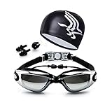 qiteng Swimming Goggles + Swim Cap + Case + Nose Clip + Ear Plugs Swim Goggles Anti Fog UV Protection for Adult Men Women Youth Kids Black