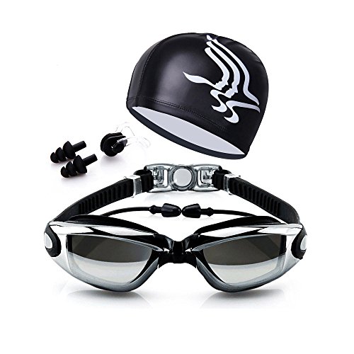 qiteng Swimming Goggles + Swim Cap + Case + Nose Clip + Ear Plugs Swim Goggles Anti Fog UV Protection for Adult Men Women Youth Kids Black