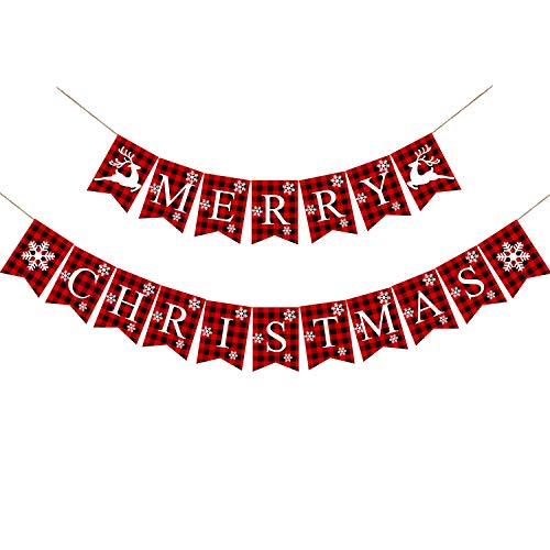Plaid Merry Christmas Banner Cotton Burlap Christmas Rustic Bunting Banner for Christmas Hanging Dec - //coolthings.us