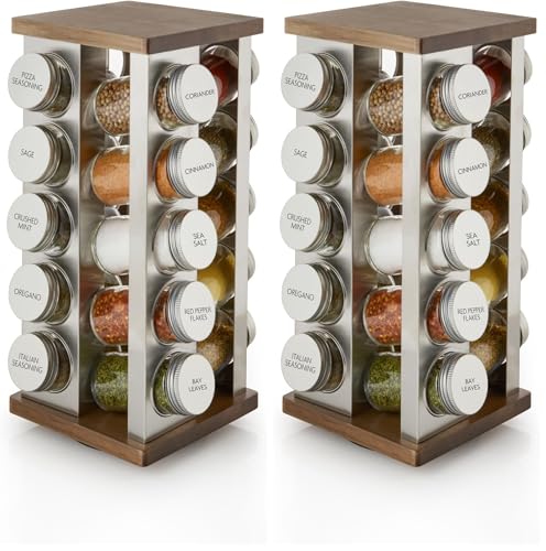 Image of Kamenstein 20 Jar Vintage Revolving Countertop Spice Rack Organizer with Spices Included, FREE Spice Refills for 5 Years, Wood and Stainless Steel with Metal Caps (Pack of 2)