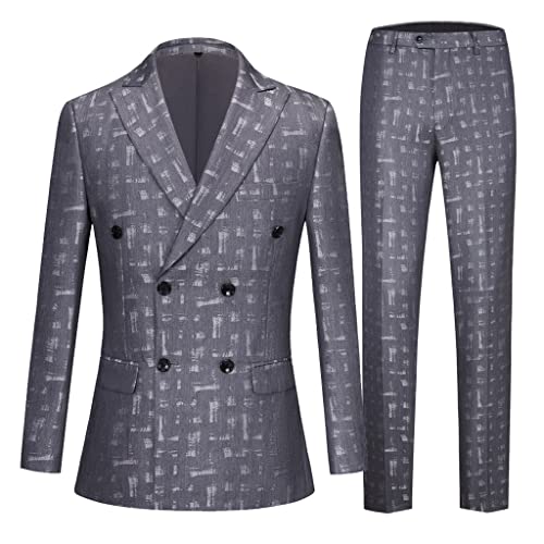 Grey Men's Suit Breasted 2 Jacket Pants Groom Wedding Tip Lapel Tuxedo Official Business Suit