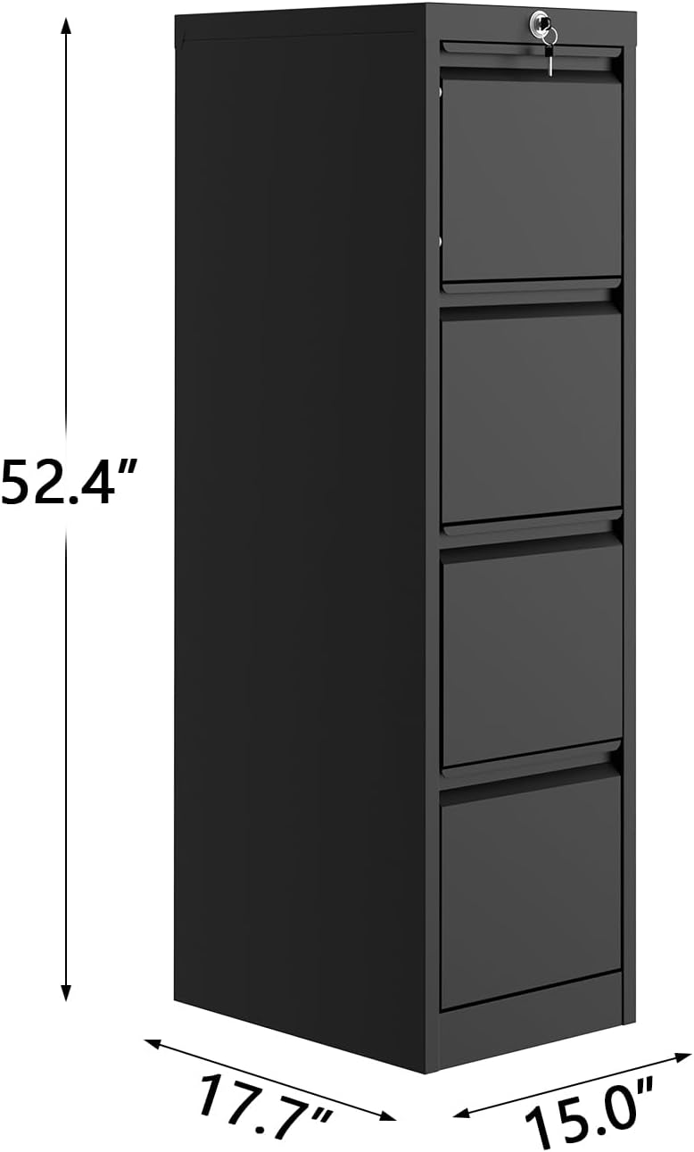 garveehome 4-drawer file cabinet with lock - heavy duty metal filing cabinet for letter/legal/a4/f4 documents - vertical storage for home office, black