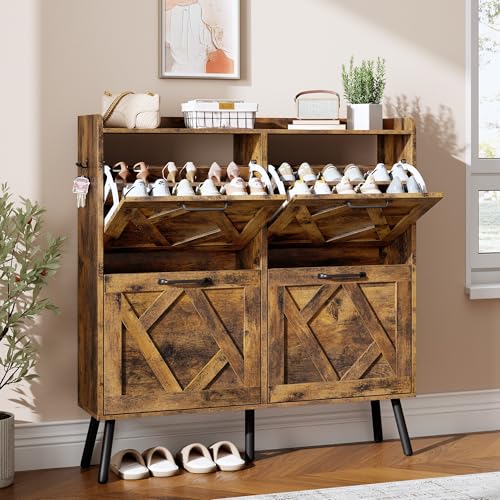 Image of Nicetree Shoe Cabinet Storage for Entryway, Freestanding Shoe Storage Cabinet, Farmhouse Narrow Shoe Rack Cabinet for Entryway, Foyer, Hallway, Shoe Cabinet 4 Flip Drawers