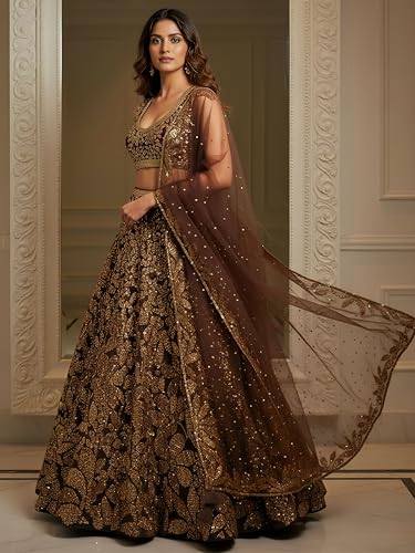 Image of Zeel Clothing Women's Sequins Embroidered Soft Net Lehenga Choli With Dupatta (5106-Brown-Womens-Lehenga-Choli-Latest; Free size) (Brown)
