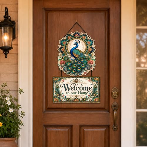 Image of Zesta Wooden Wall Hanging Decorative Items /Hanging Home Wall Decor Items /MDF Decoration Items for Home /Cute Wall Art For Living Room /Home Decor Items Living Room (Welcome To Our Home Peacock)