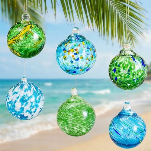 JarThenaAMCS 6Pcs Hand Blown Glass Ball Ornaments 2.4 Inch Summer Beach Gazing Ball Blue Green Hanging Friendship Witch Balls for Hawaii Home Party Garden Wall Window Decor