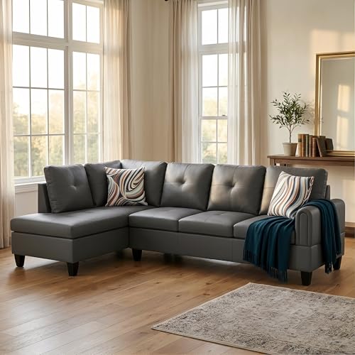 Image of L-Shaped Sectional Sofa, Modern 4-Seat Couch with Left Facing Chaise, Leather Sectional Couch for Living Room, Apartment, Office, Dark Grey