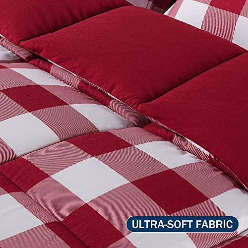 Image of downluxe Lightweight Plaid Comforter Set (King) with 2 Pillow Shams - 3-Piece Set - Red /White Plaid - Down Alternative Reversible Comforter