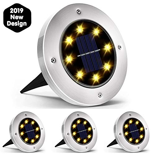 Allbusden Solar Disk Lights Outdoor, 8 LED Bulbs Solar Garden Lights Outdoor Waterproof, Solar Ground Lights Outdoor for Patio Pathway Lawn Yard Driveway - Warm White (4 Pack)