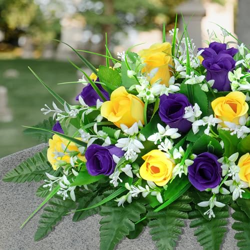 LVXINLI Artificial Cemetery Flowers Saddle-Shaped Tombstone Decorations Non-Fading UV-Resistant（ Yellow+Purple Saddle） image 5