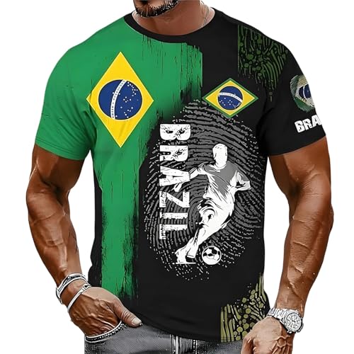 T-Shirts à Manches Courtes Homme Brésil Imprimé Vintage Joueur de Foot avec Motifs Aztèques et Effet Pinceau, Maillot de Foot Grande Taille, Tee Shirt Homme Humour,...